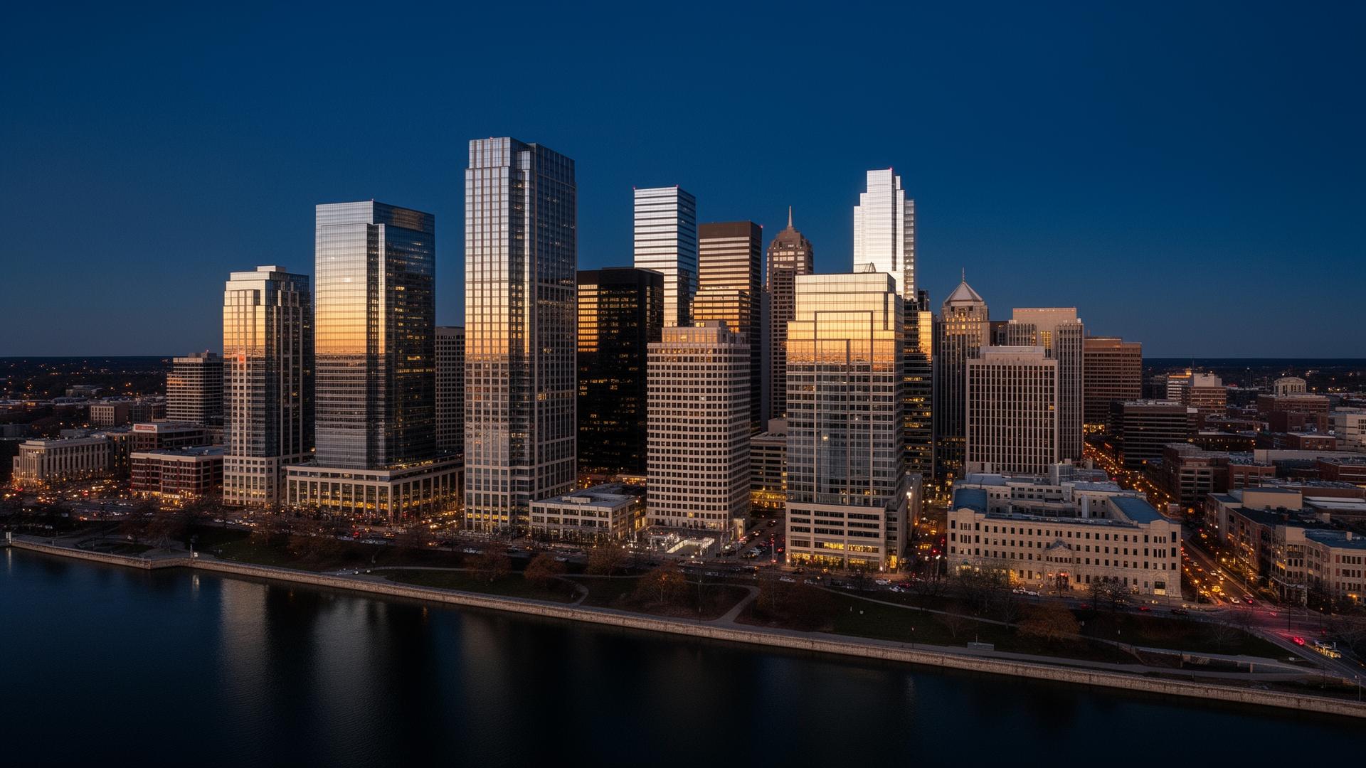 Modern downtown skyline at twilight